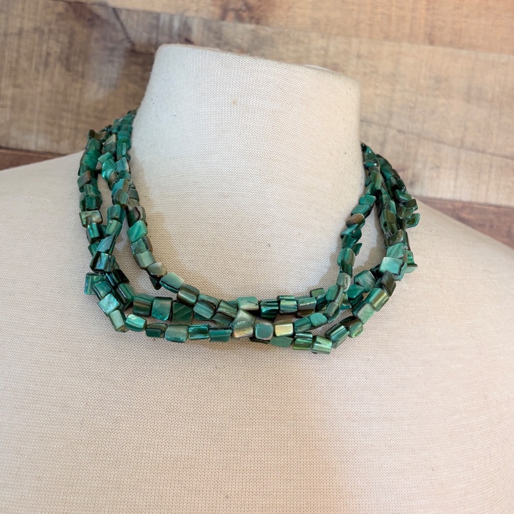 Triple Strand Iridescent Green Shell Square Nugget Bead Necklace Adjustable
